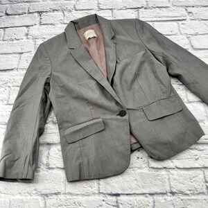 Loft Womens Grey 100% Wool Single Button Pick Stitch Blazer Jacket Size 6